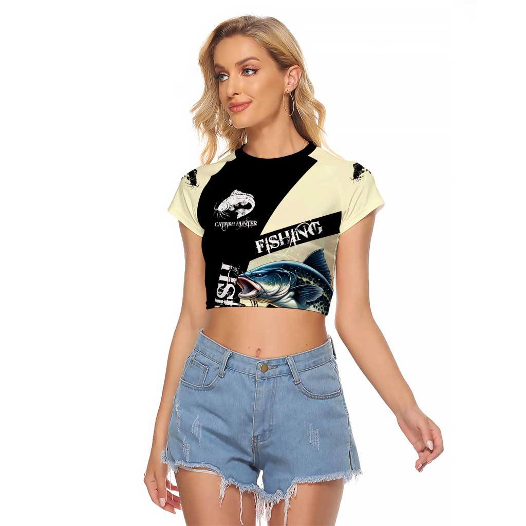 Catfish Fishing Customize Name Raglan Cropped T Shirt Splash Effect and Black Cream Split Design - Wonder Print Shop