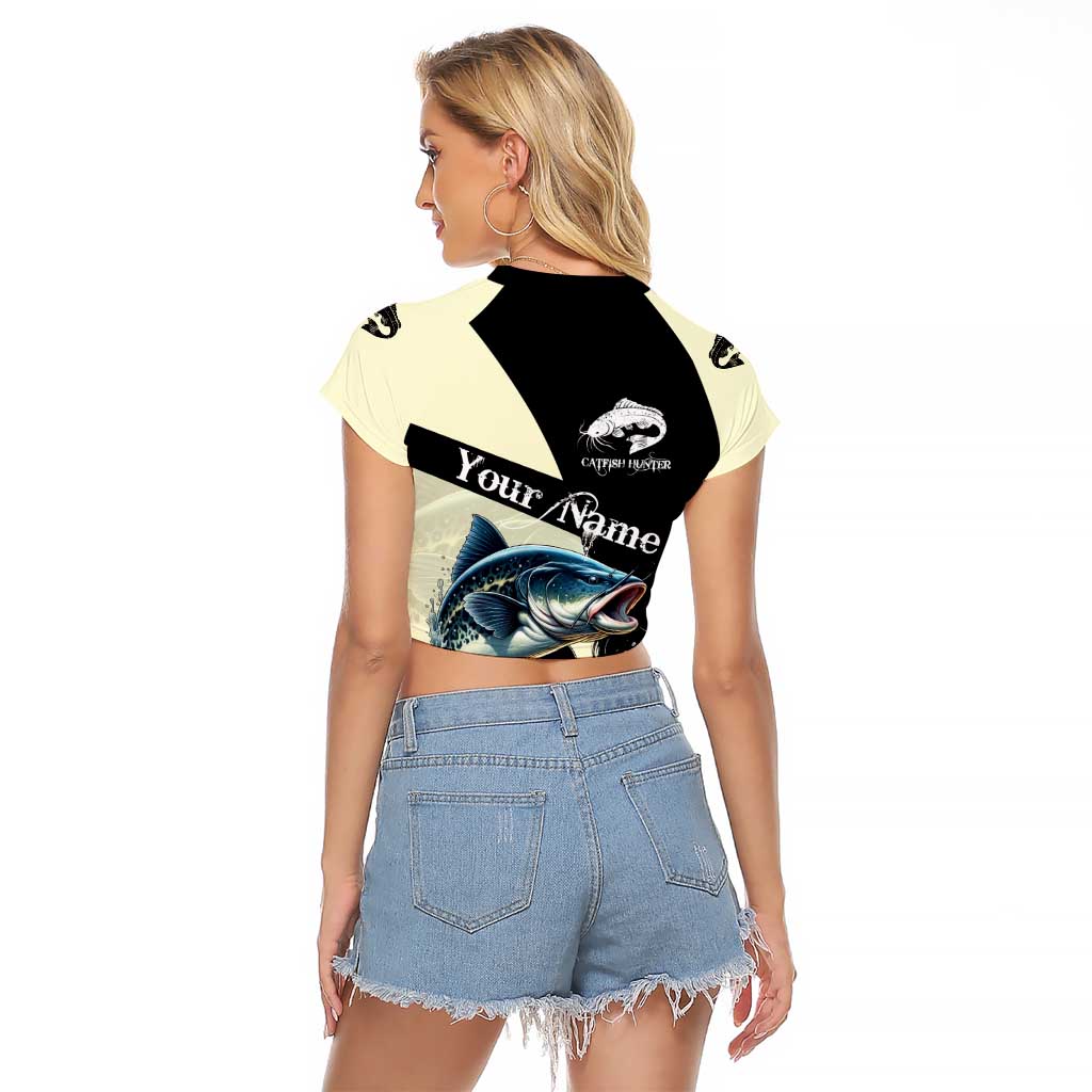Catfish Fishing Customize Name Raglan Cropped T Shirt Splash Effect and Black Cream Split Design - Wonder Print Shop