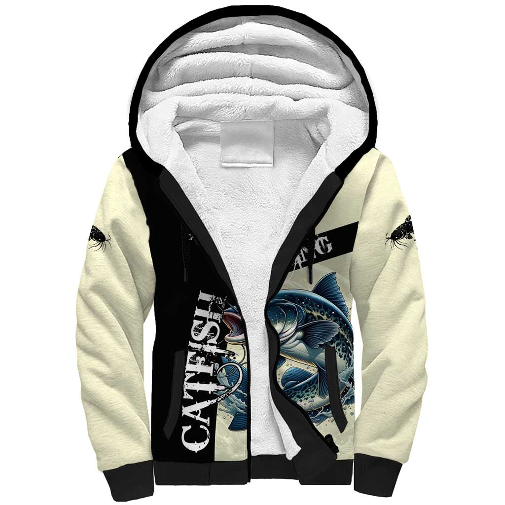 Catfish Fishing Customize Name Sherpa Hoodie Splash Effect and Black Cream Split Design - Wonder Print Shop