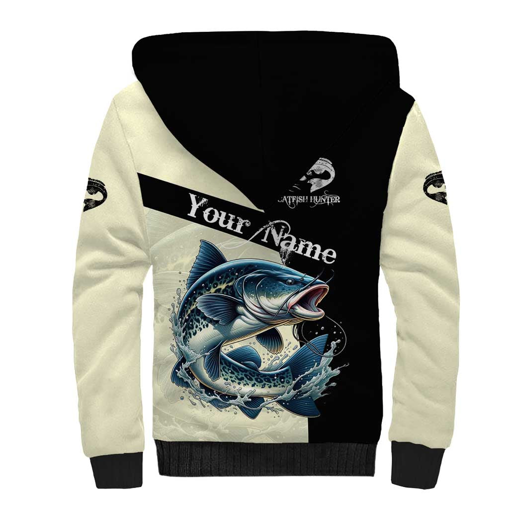 Catfish Fishing Customize Name Sherpa Hoodie Splash Effect and Black Cream Split Design - Wonder Print Shop