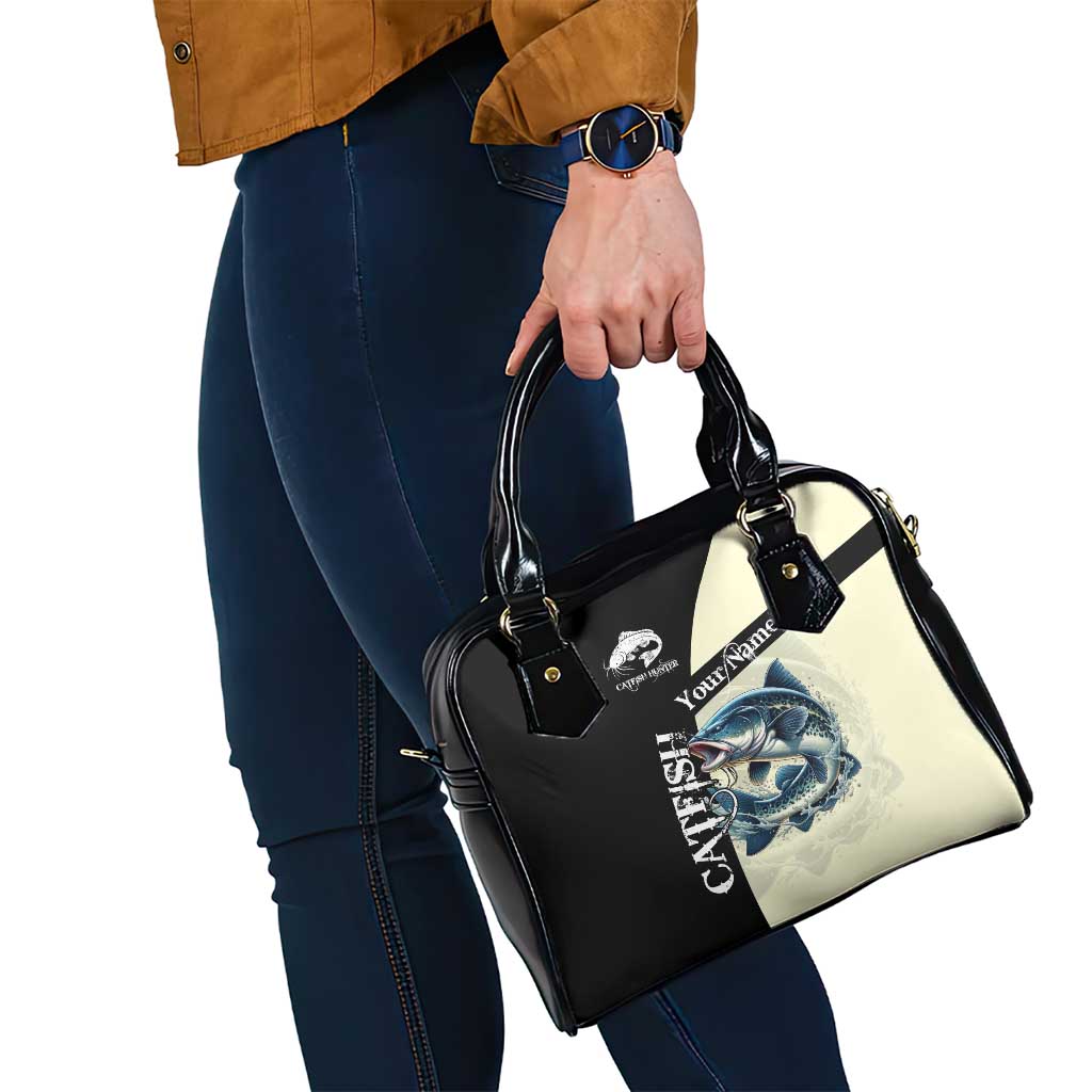 Catfish Fishing Customize Name Shoulder Handbag Splash Effect and Black Cream Split Design - Wonder Print Shop