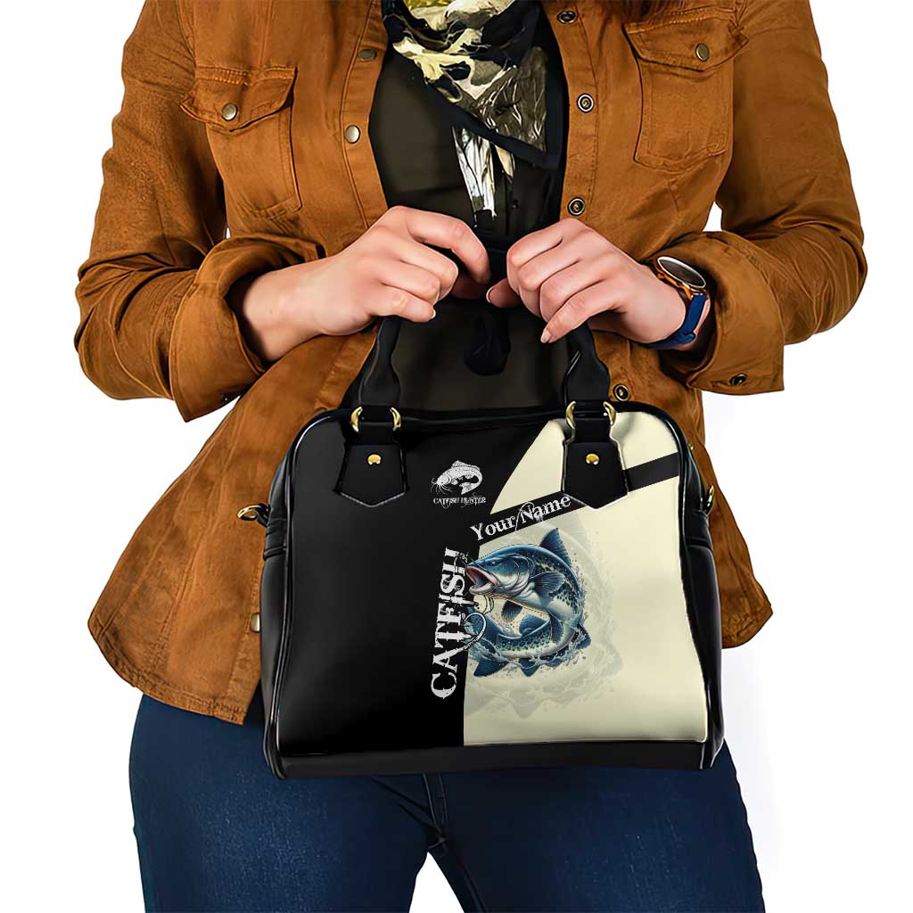 Catfish Fishing Customize Name Shoulder Handbag Splash Effect and Black Cream Split Design - Wonder Print Shop
