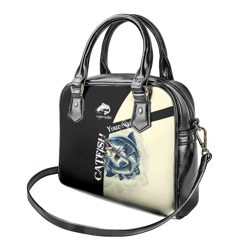 Catfish Fishing Customize Name Shoulder Handbag Splash Effect and Black Cream Split Design - Wonder Print Shop