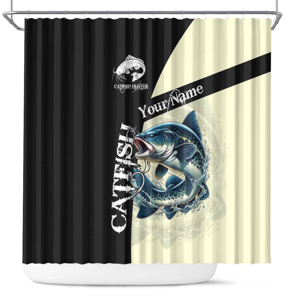 Catfish Fishing Customize Name Shower Curtain Splash Effect and Black Cream Split Design - Wonder Print Shop