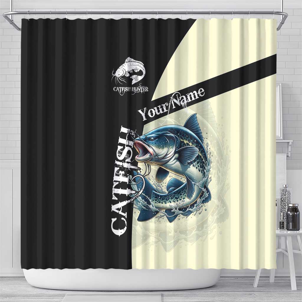 Catfish Fishing Customize Name Shower Curtain Splash Effect and Black Cream Split Design - Wonder Print Shop