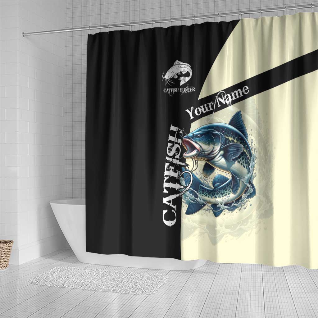 Catfish Fishing Customize Name Shower Curtain Splash Effect and Black Cream Split Design - Wonder Print Shop