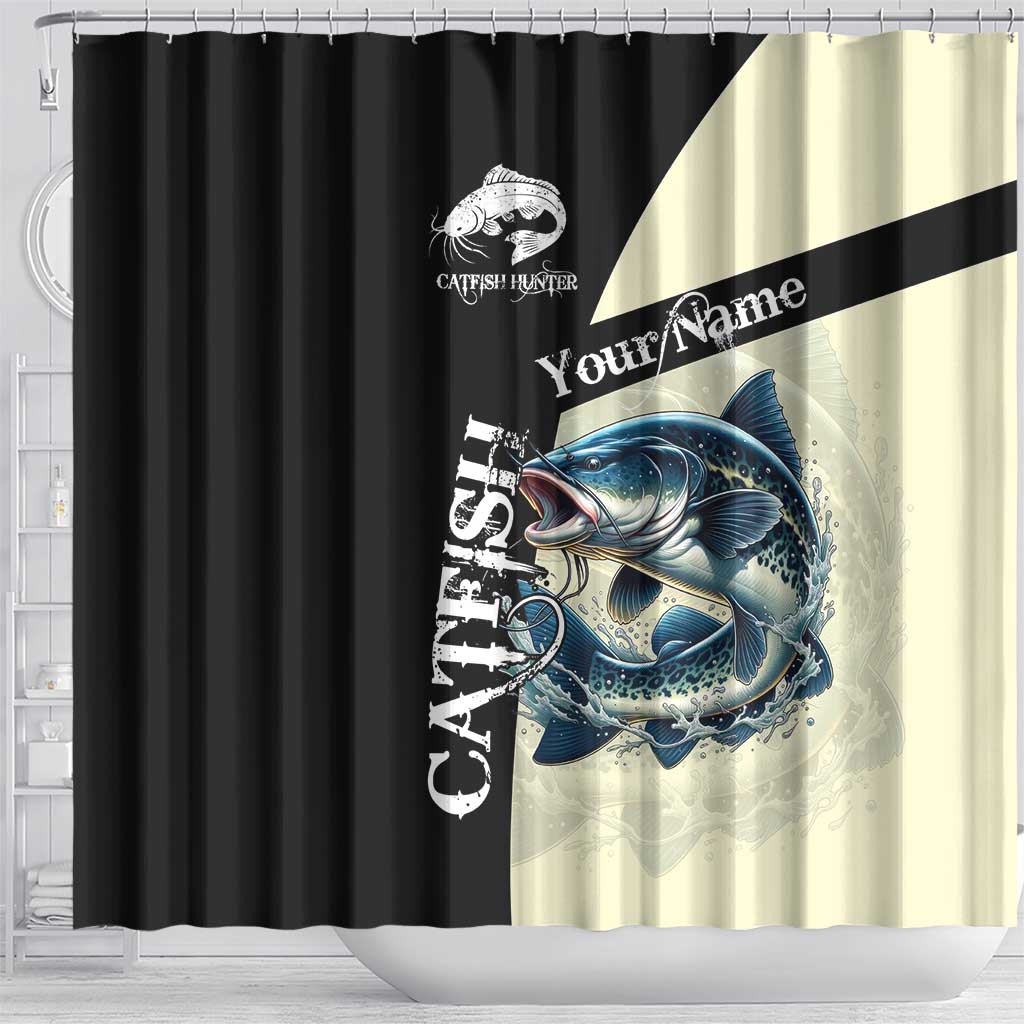 Catfish Fishing Customize Name Shower Curtain Splash Effect and Black Cream Split Design - Wonder Print Shop