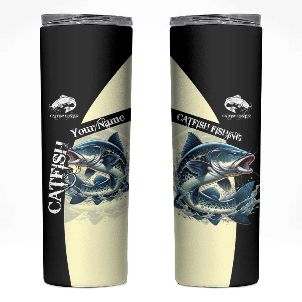 Catfish Fishing Customize Name Skinny Tumbler Splash Effect and Black Cream Split Design - Wonder Print Shop