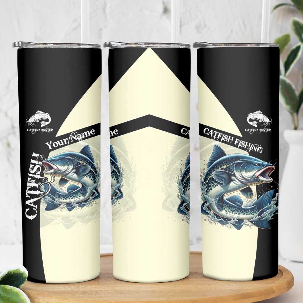 Catfish Fishing Customize Name Skinny Tumbler Splash Effect and Black Cream Split Design - Wonder Print Shop