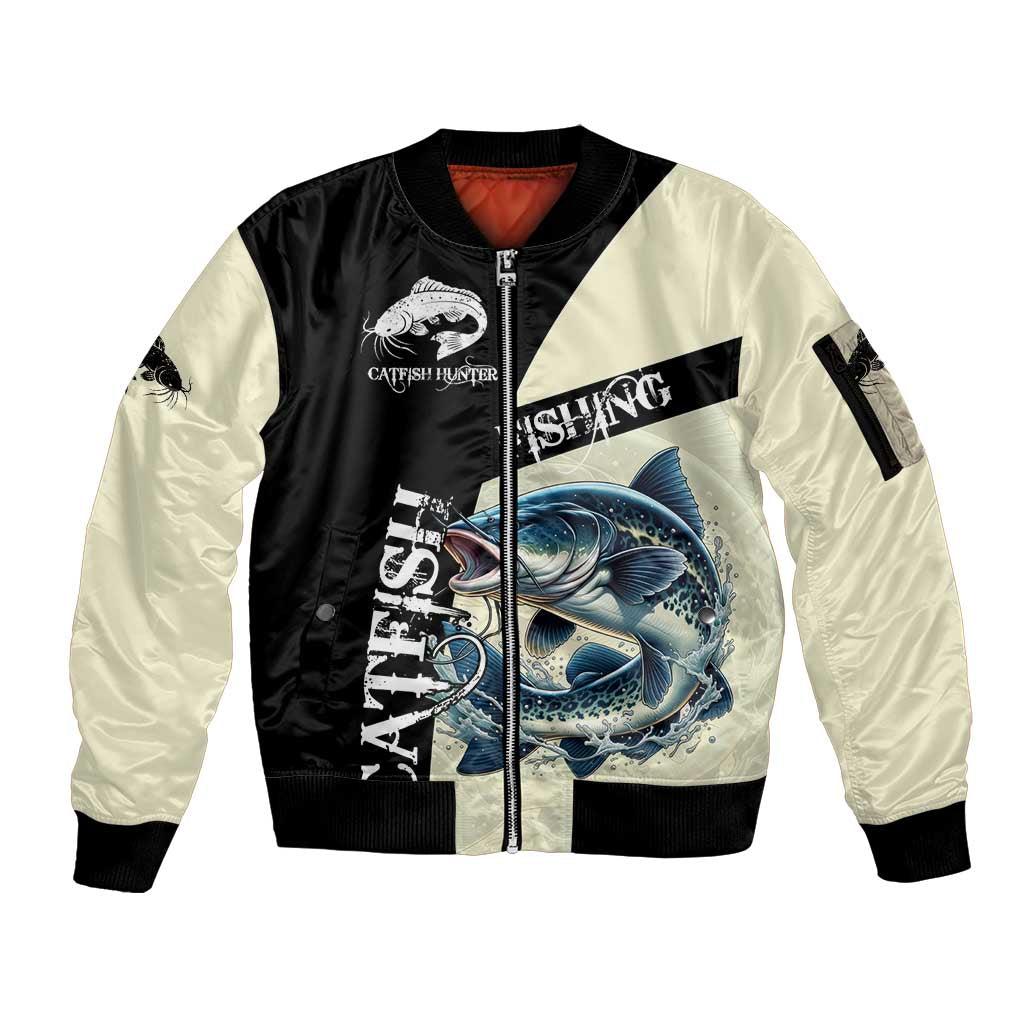 Catfish Fishing Customize Name Sleeve Zip Bomber Jacket Splash Effect and Black Cream Split Design - Wonder Print Shop