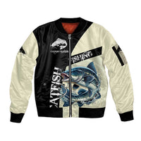 Catfish Fishing Customize Name Sleeve Zip Bomber Jacket Splash Effect and Black Cream Split Design - Wonder Print Shop