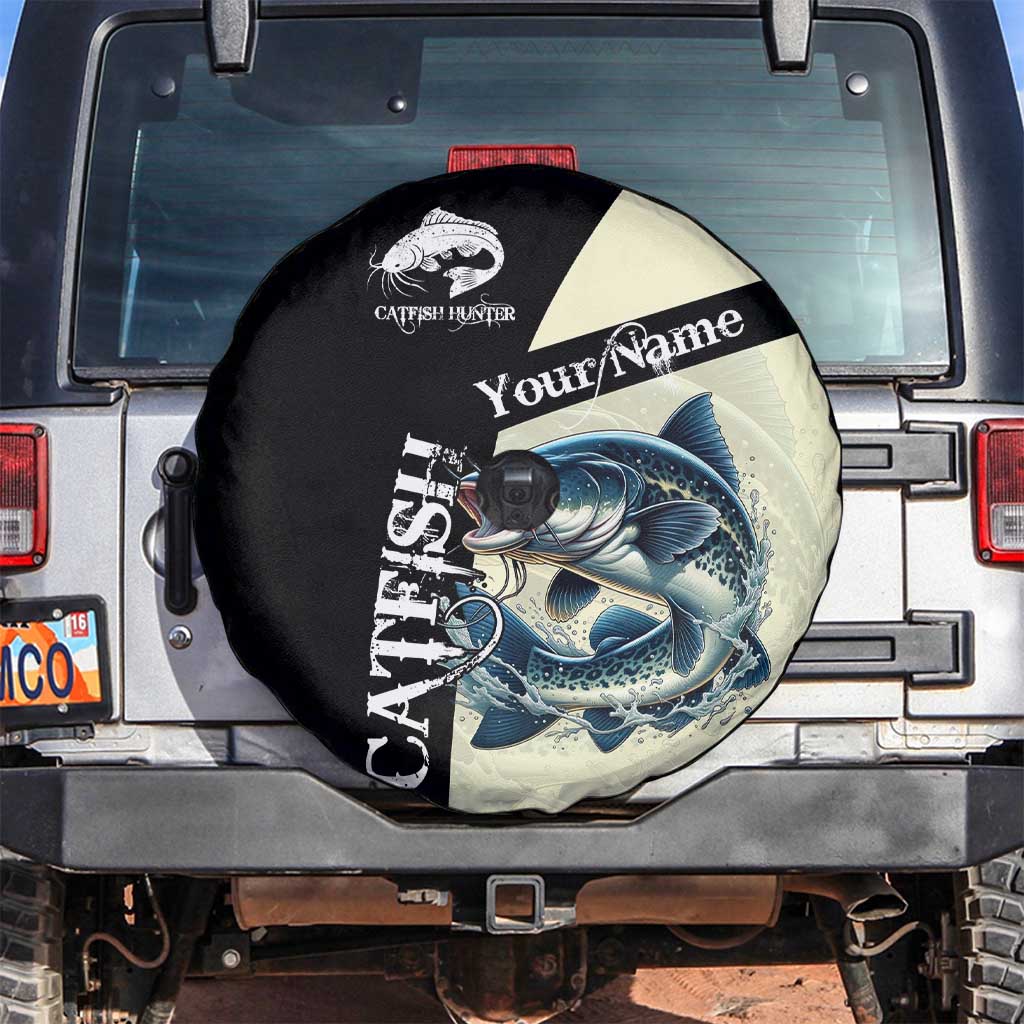 Catfish Fishing Customize Name Spare Tire Cover Splash Effect and Black Cream Split Design - Wonder Print Shop