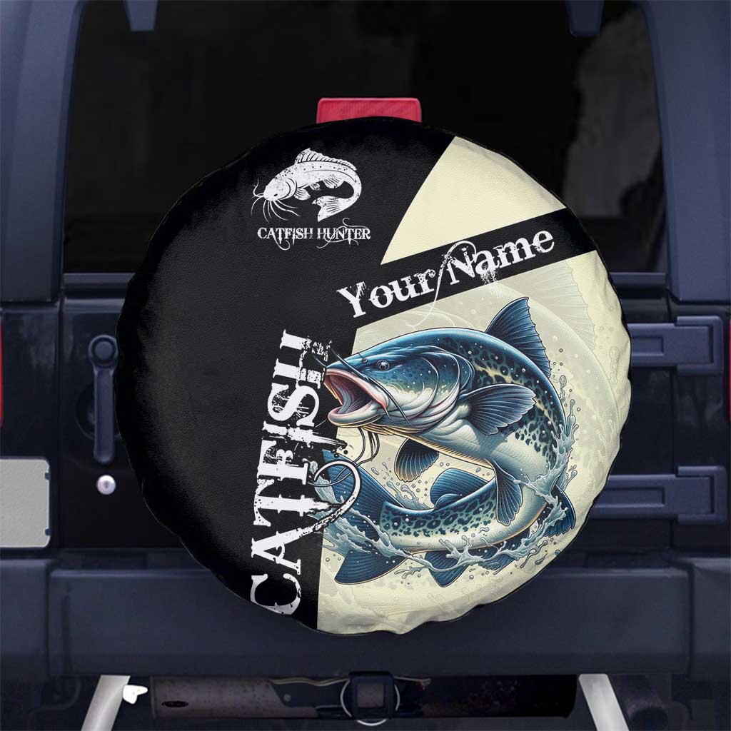 Catfish Fishing Customize Name Spare Tire Cover Splash Effect and Black Cream Split Design - Wonder Print Shop