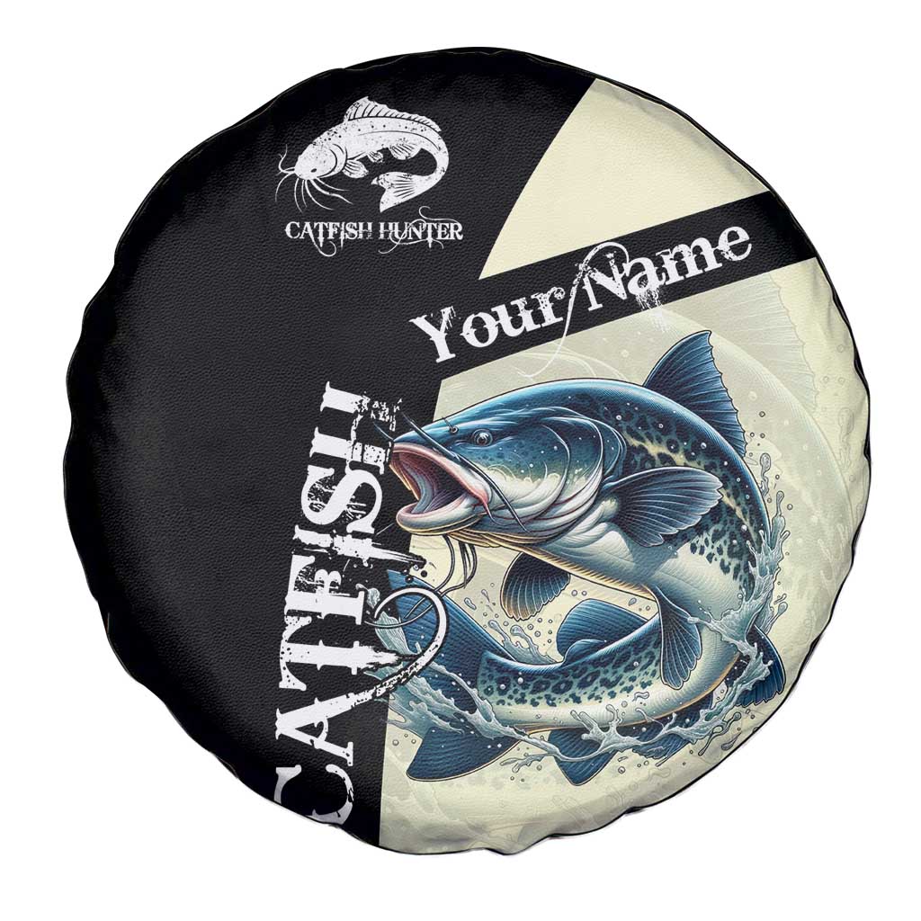 Catfish Fishing Customize Name Spare Tire Cover Splash Effect and Black Cream Split Design - Wonder Print Shop