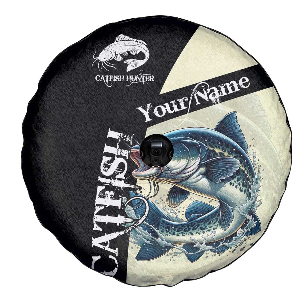 Catfish Fishing Customize Name Spare Tire Cover Splash Effect and Black Cream Split Design - Wonder Print Shop