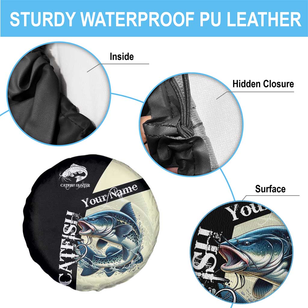 Catfish Fishing Customize Name Spare Tire Cover Splash Effect and Black Cream Split Design - Wonder Print Shop