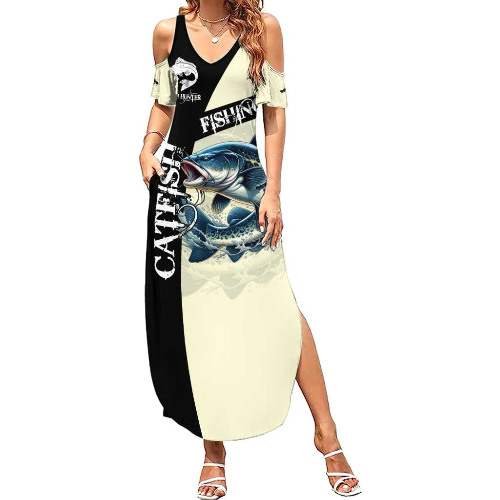 Catfish Fishing Customize Name Summer Maxi Dress Splash Effect and Black Cream Split Design - Wonder Print Shop