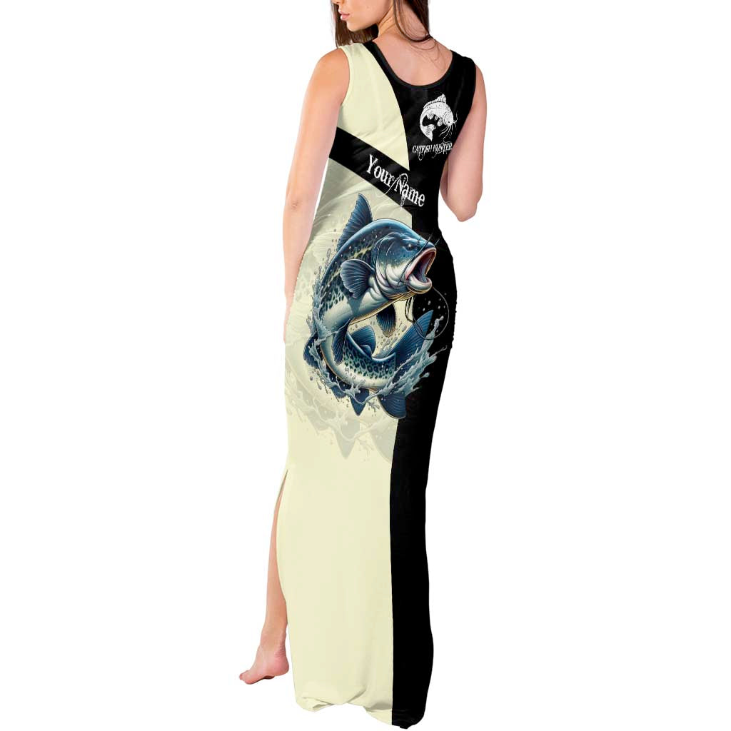 Catfish Fishing Customize Name Tank Maxi Dress Splash Effect and Black Cream Split Design - Wonder Print Shop