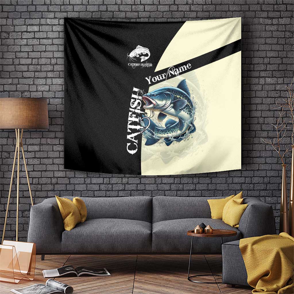 Catfish Fishing Customize Name Tapestry Splash Effect and Black Cream Split Design - Wonder Print Shop