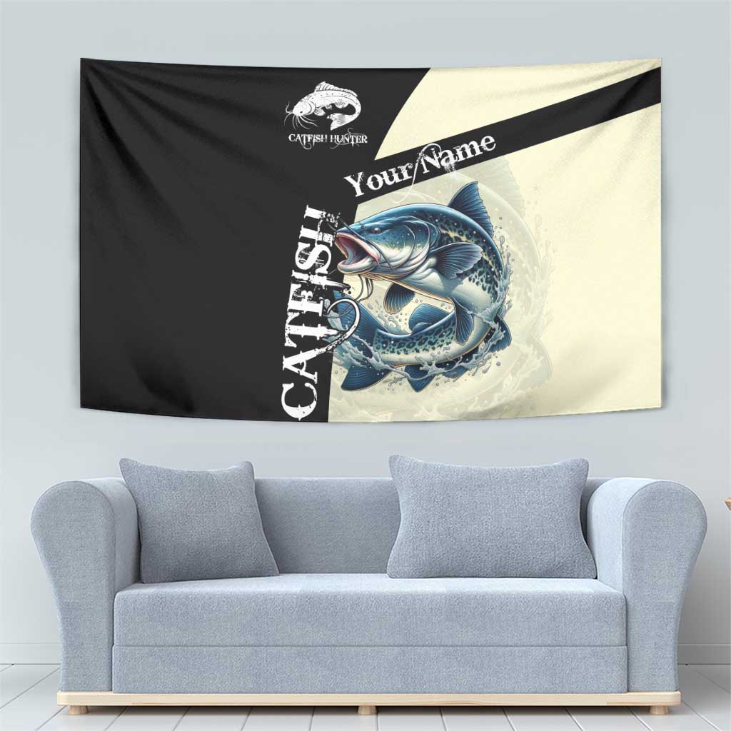Catfish Fishing Customize Name Tapestry Splash Effect and Black Cream Split Design - Wonder Print Shop