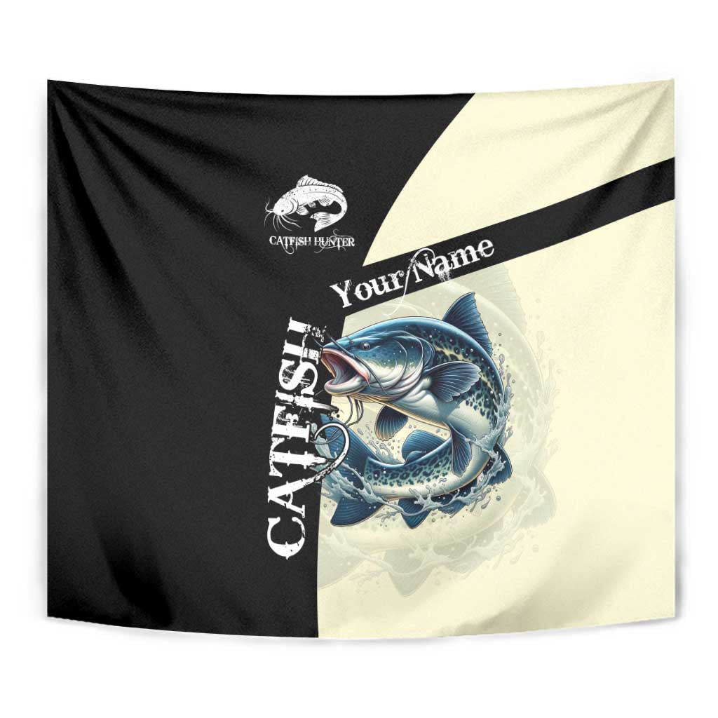 Catfish Fishing Customize Name Tapestry Splash Effect and Black Cream Split Design - Wonder Print Shop