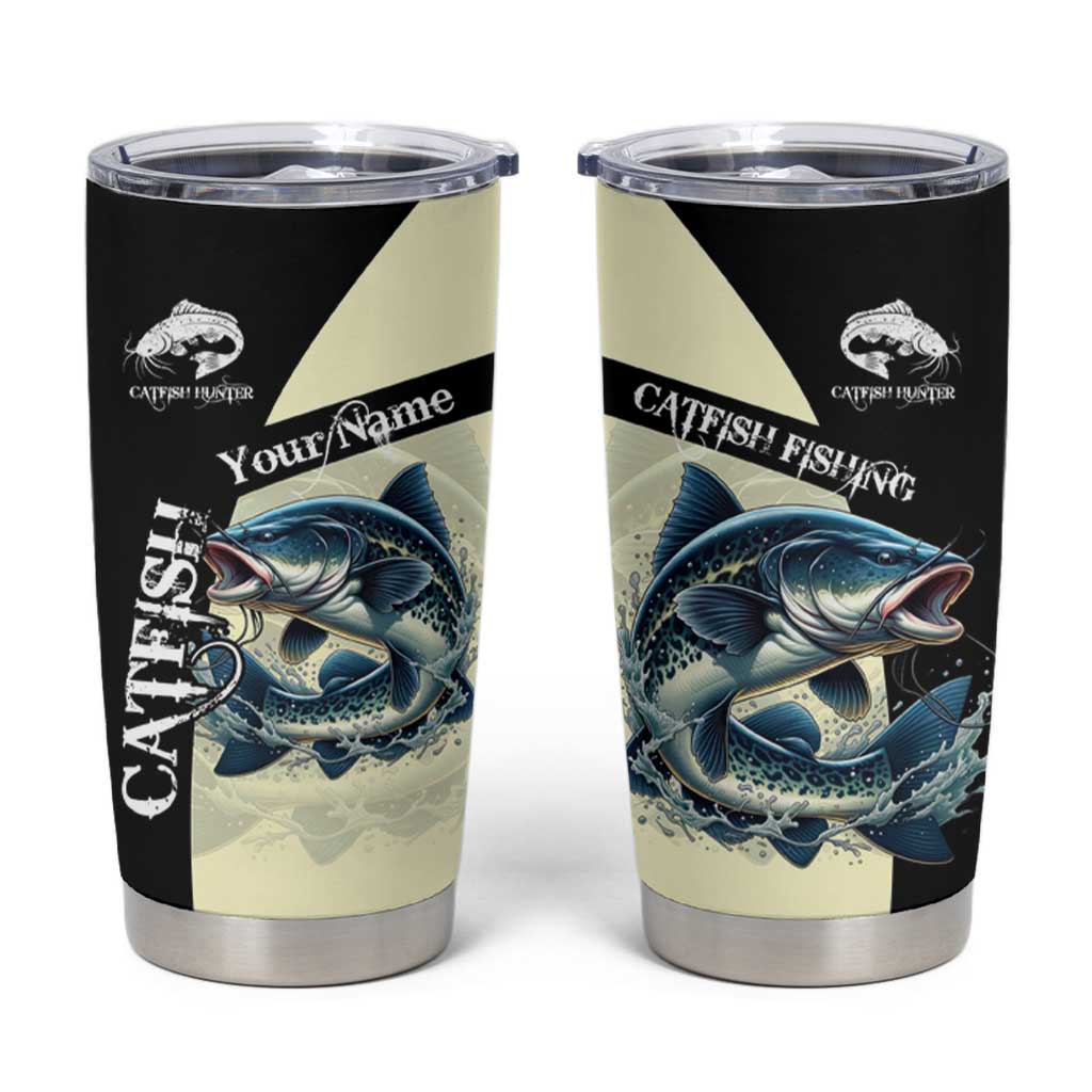 Catfish Fishing Customize Name Tumbler Cup Splash Effect and Black Cream Split Design - Wonder Print Shop