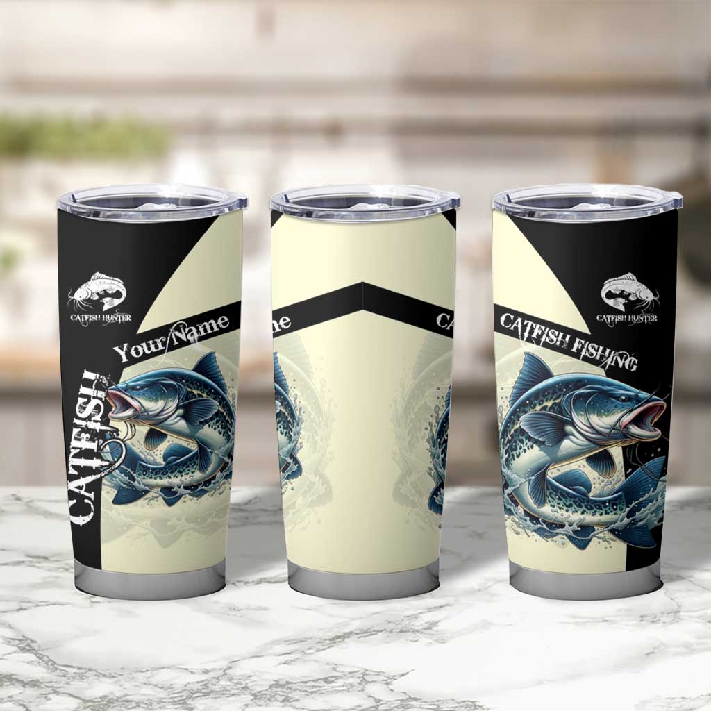 Catfish Fishing Customize Name Tumbler Cup Splash Effect and Black Cream Split Design - Wonder Print Shop