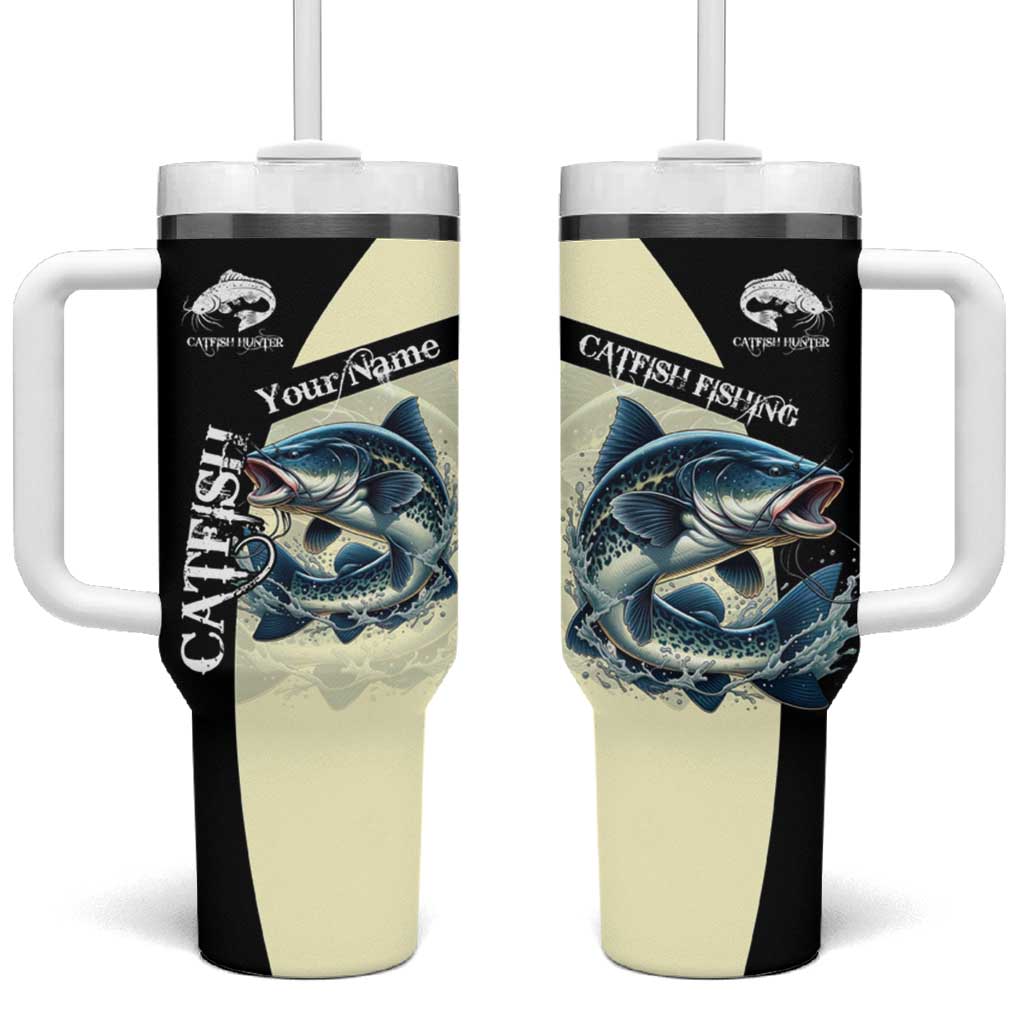 Catfish Fishing Customize Name Tumbler With Handle Splash Effect and Black Cream Split Design - Wonder Print Shop