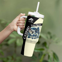 Catfish Fishing Customize Name Tumbler With Handle Splash Effect and Black Cream Split Design - Wonder Print Shop