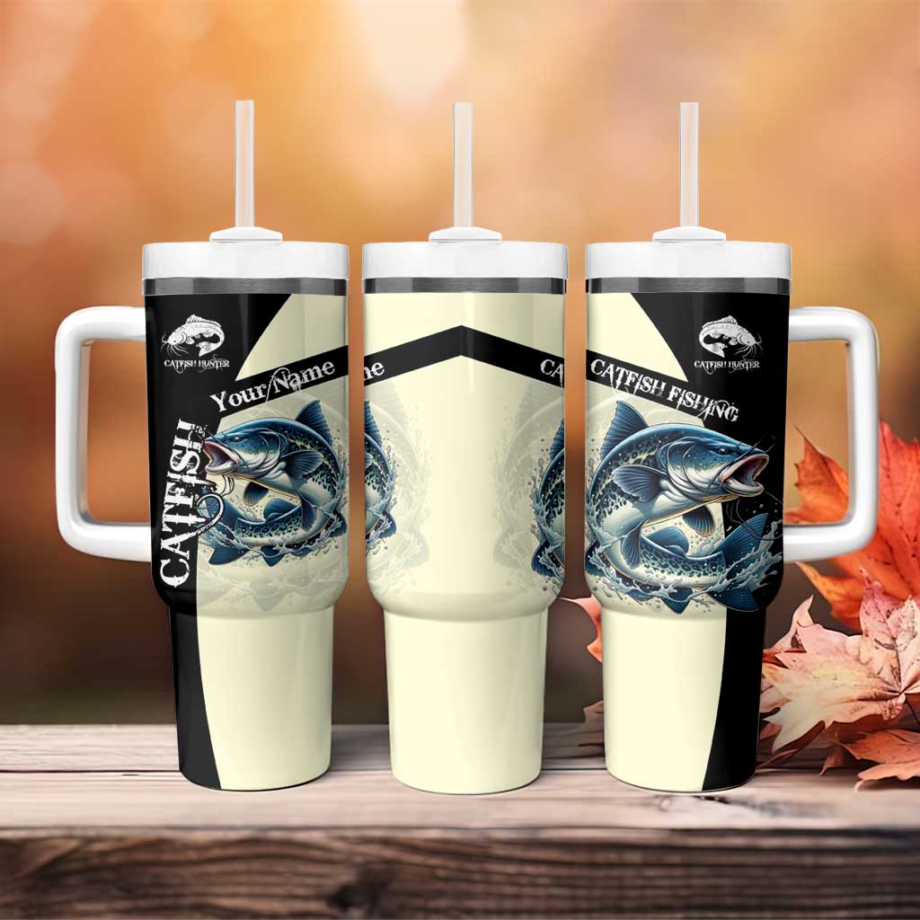 Catfish Fishing Customize Name Tumbler With Handle Splash Effect and Black Cream Split Design - Wonder Print Shop