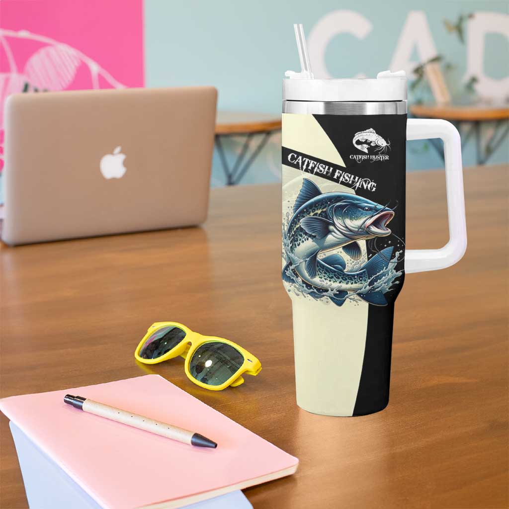 Catfish Fishing Customize Name Tumbler With Handle Splash Effect and Black Cream Split Design - Wonder Print Shop