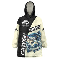 Catfish Fishing Customize Name Wearable Blanket Hoodie Splash Effect and Black Cream Split Design - Wonder Print Shop