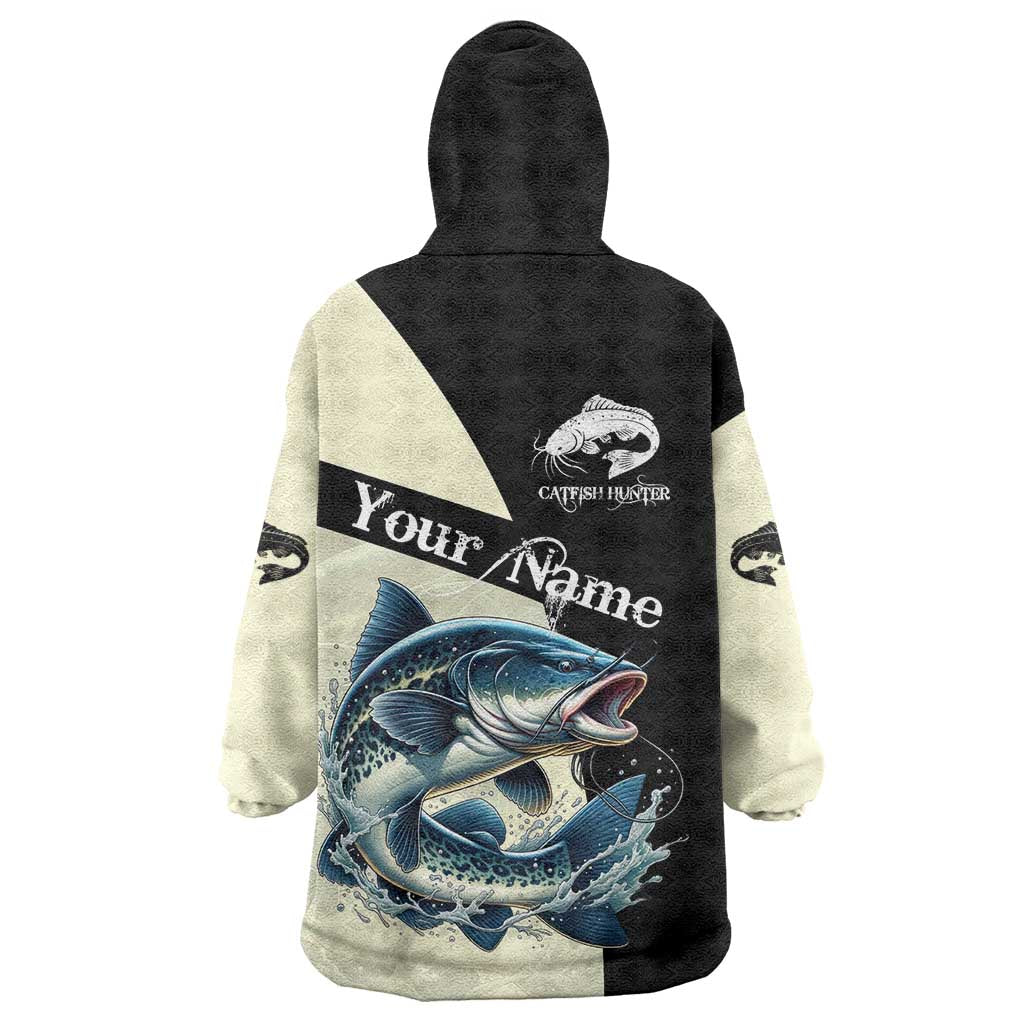 Catfish Fishing Customize Name Wearable Blanket Hoodie Splash Effect and Black Cream Split Design - Wonder Print Shop