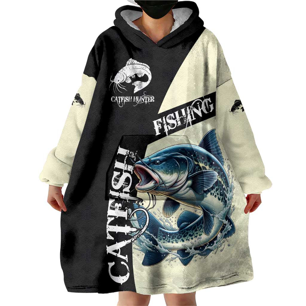 Catfish Fishing Customize Name Wearable Blanket Hoodie Splash Effect and Black Cream Split Design - Wonder Print Shop
