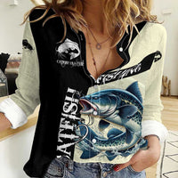 Catfish Fishing Customize Name Women Casual Shirt Splash Effect and Black Cream Split Design - Wonder Print Shop