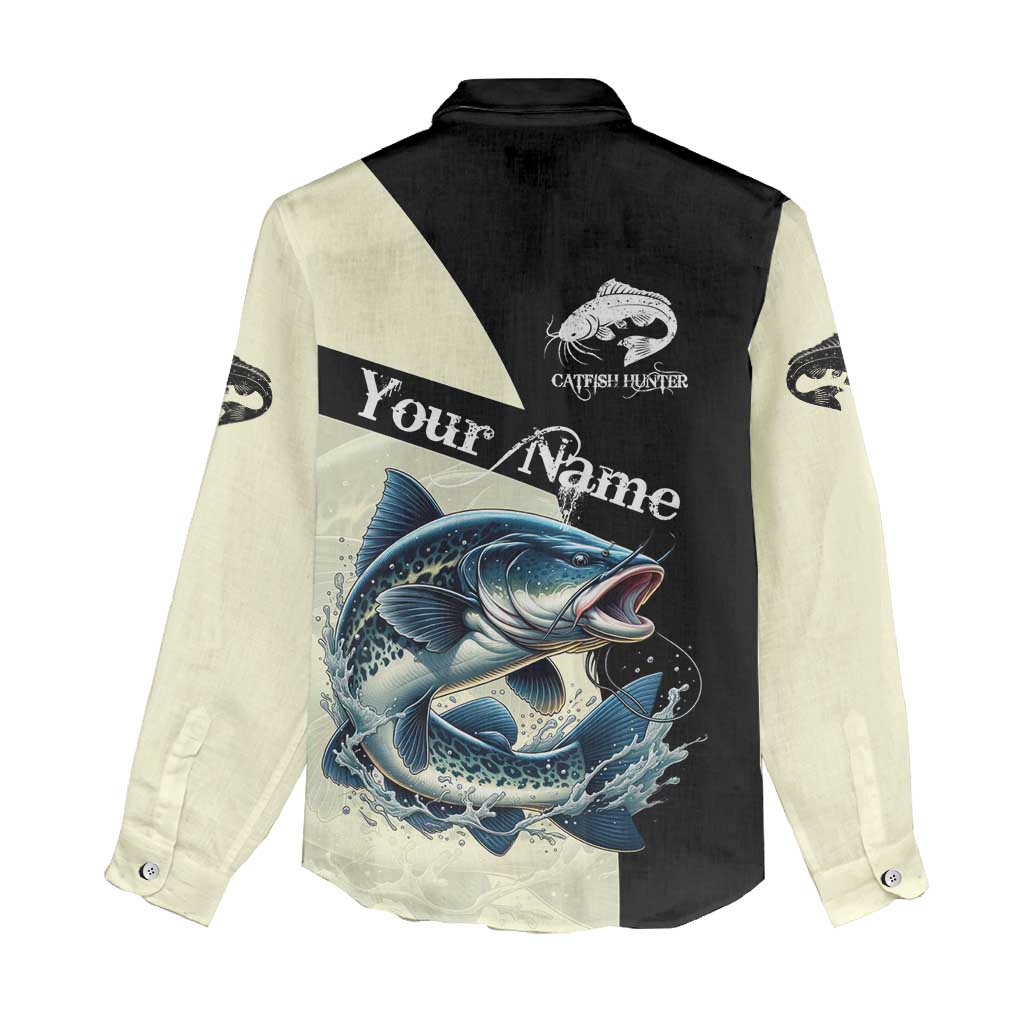 Catfish Fishing Customize Name Women Casual Shirt Splash Effect and Black Cream Split Design - Wonder Print Shop