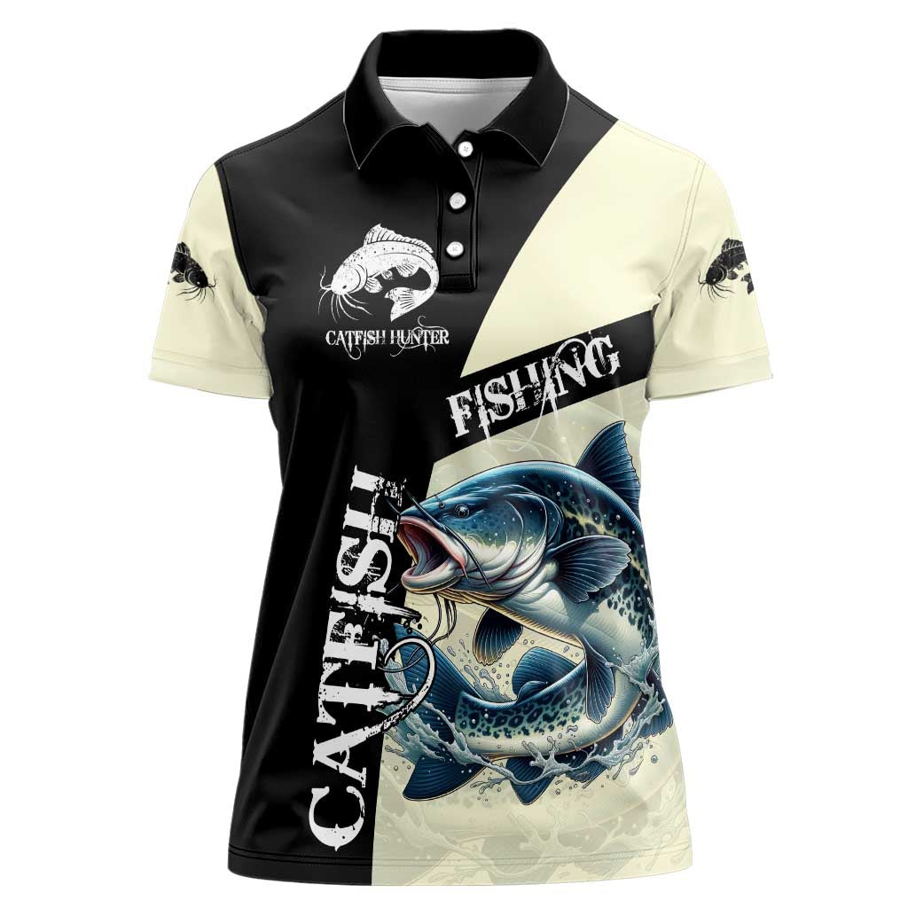Catfish Fishing Customize Name Women Polo Shirt Splash Effect and Black Cream Split Design - Wonder Print Shop