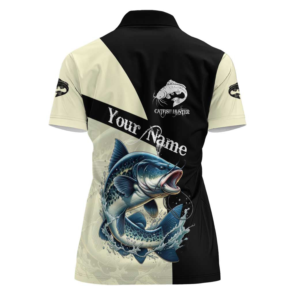 Catfish Fishing Customize Name Women Polo Shirt Splash Effect and Black Cream Split Design - Wonder Print Shop