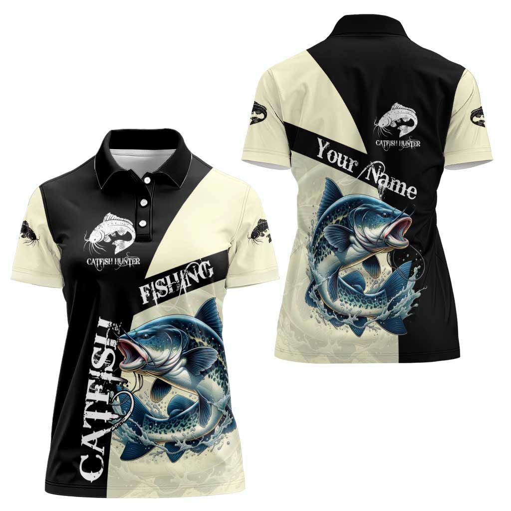 Catfish Fishing Customize Name Women Polo Shirt Splash Effect and Black Cream Split Design - Wonder Print Shop