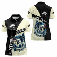 Catfish Fishing Customize Name Women Polo Shirt Splash Effect and Black Cream Split Design - Wonder Print Shop