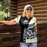 Catfish Fishing Customize Name Women Polo Shirt Splash Effect and Black Cream Split Design - Wonder Print Shop