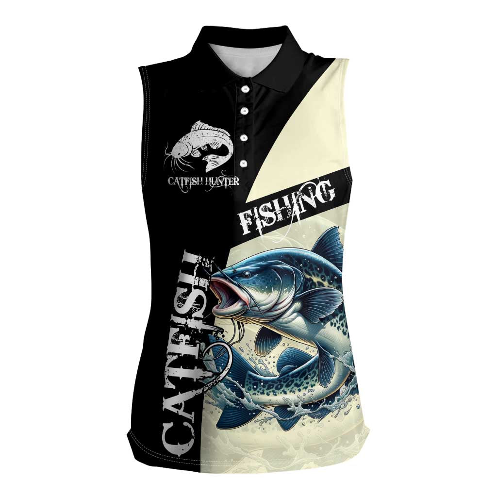 Catfish Fishing Customize Name Women Sleeveless Polo Shirt Splash Effect and Black Cream Split Design - Wonder Print Shop