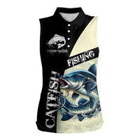 Catfish Fishing Customize Name Women Sleeveless Polo Shirt Splash Effect and Black Cream Split Design - Wonder Print Shop