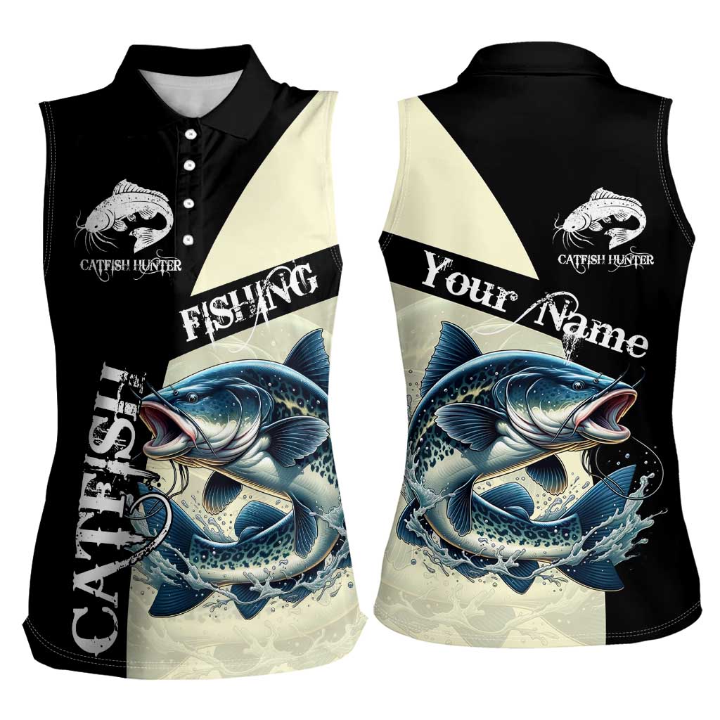 Catfish Fishing Customize Name Women Sleeveless Polo Shirt Splash Effect and Black Cream Split Design - Wonder Print Shop
