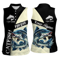 Catfish Fishing Customize Name Women Sleeveless Polo Shirt Splash Effect and Black Cream Split Design - Wonder Print Shop