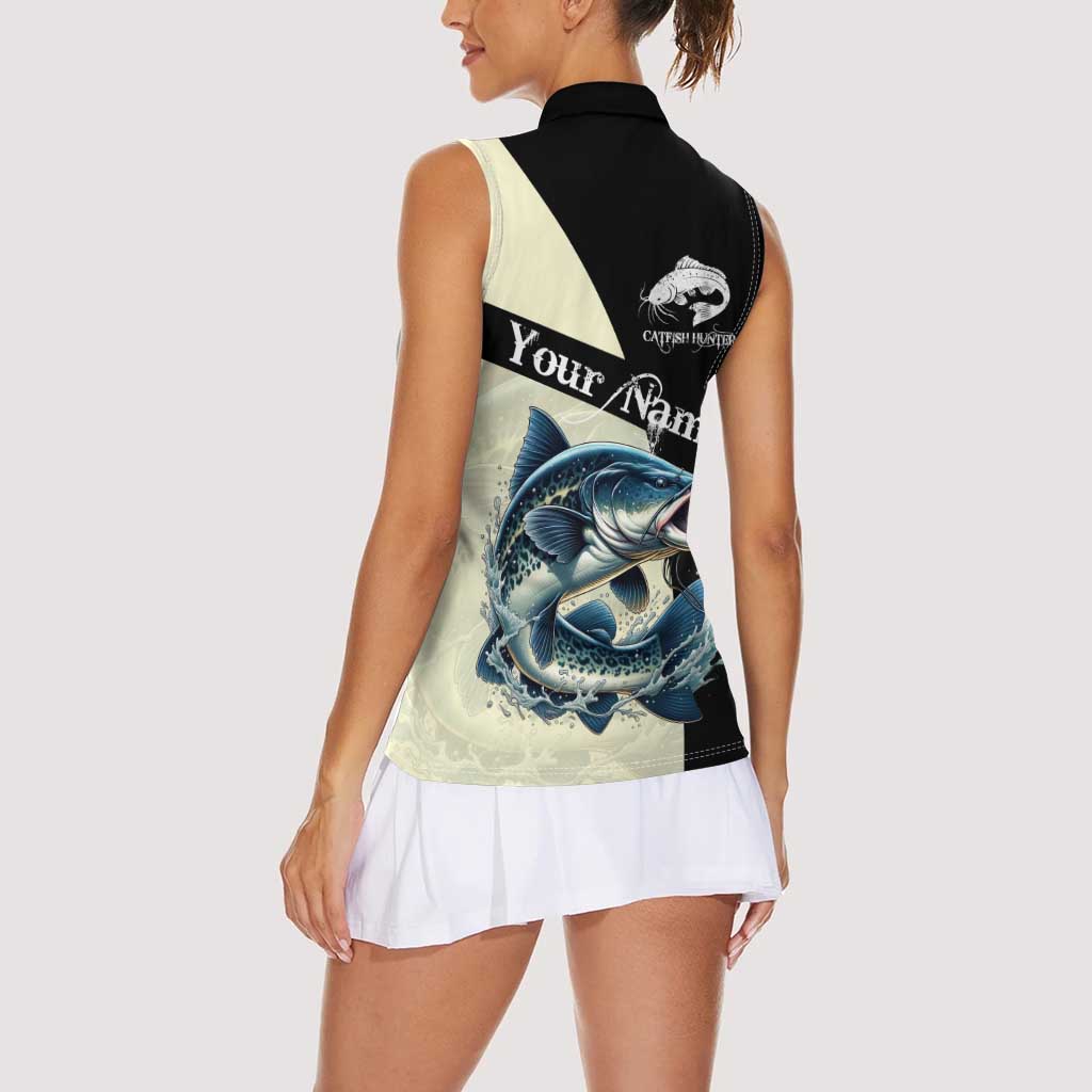 Catfish Fishing Customize Name Women Sleeveless Polo Shirt Splash Effect and Black Cream Split Design - Wonder Print Shop