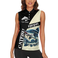 Catfish Fishing Customize Name Women Sleeveless Polo Shirt Splash Effect and Black Cream Split Design - Wonder Print Shop