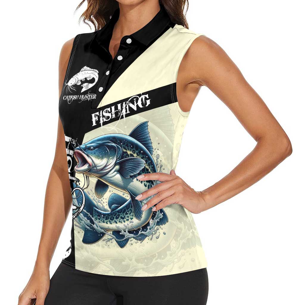 Catfish Fishing Customize Name Women Sleeveless Polo Shirt Splash Effect and Black Cream Split Design - Wonder Print Shop