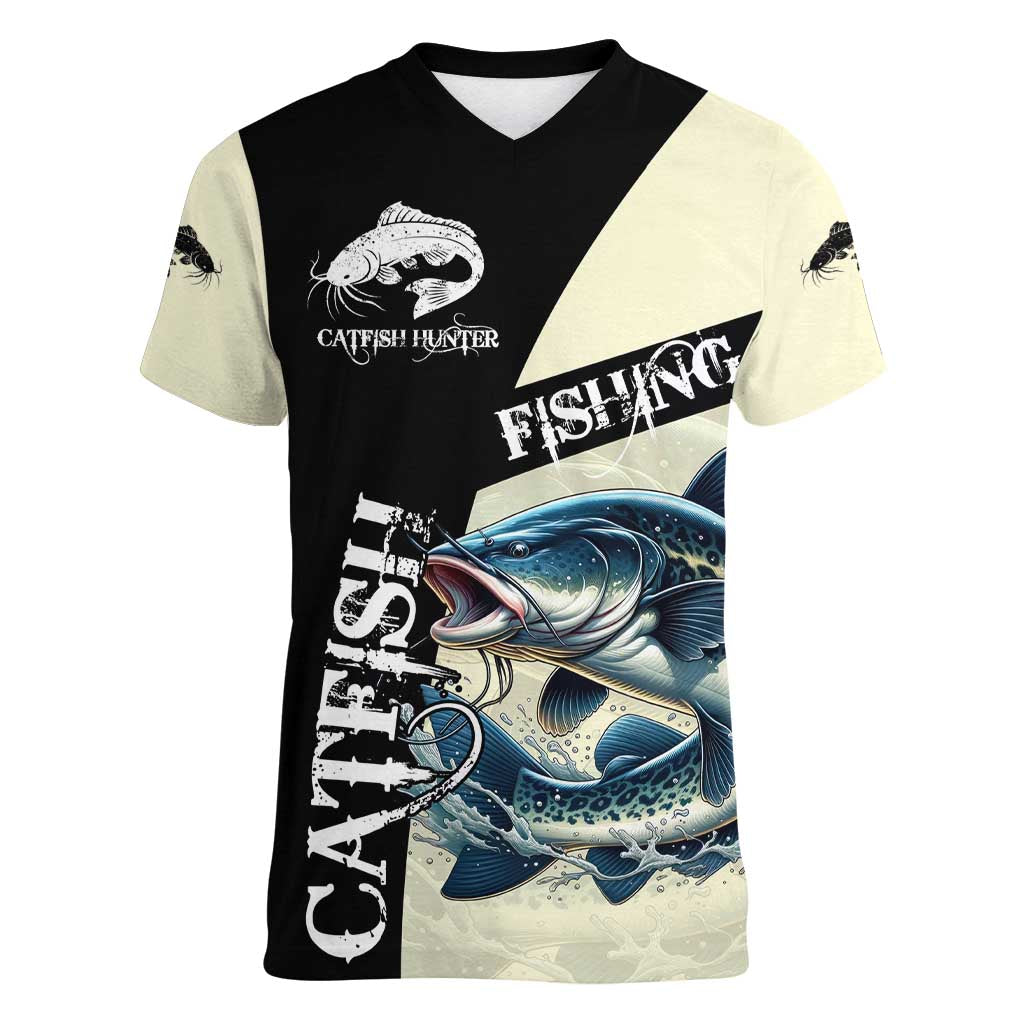 Catfish Fishing Customize Name Women V-Neck T-Shirt Splash Effect and Black Cream Split Design - Wonder Print Shop