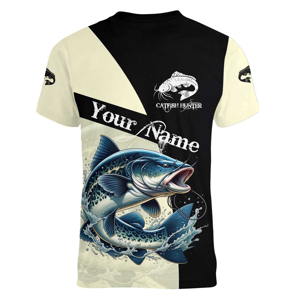 Catfish Fishing Customize Name Women V-Neck T-Shirt Splash Effect and Black Cream Split Design - Wonder Print Shop